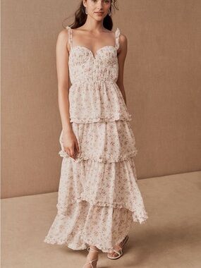 Anthropologie Cream Floral Tiered Maxi Dress